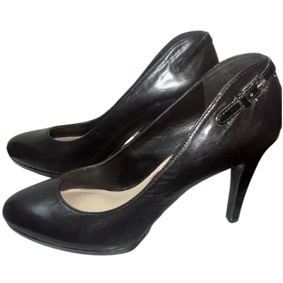 Franco Sarto black leather pumps faux buckle/belt adorned 3.5" heel - Picture 5 of 9